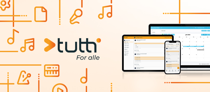 Bildegrafikk som viser medlemssystemet Tuttis logo ved siden av nettbrett, mobiltelefon  og en PC som bruker tjenesten