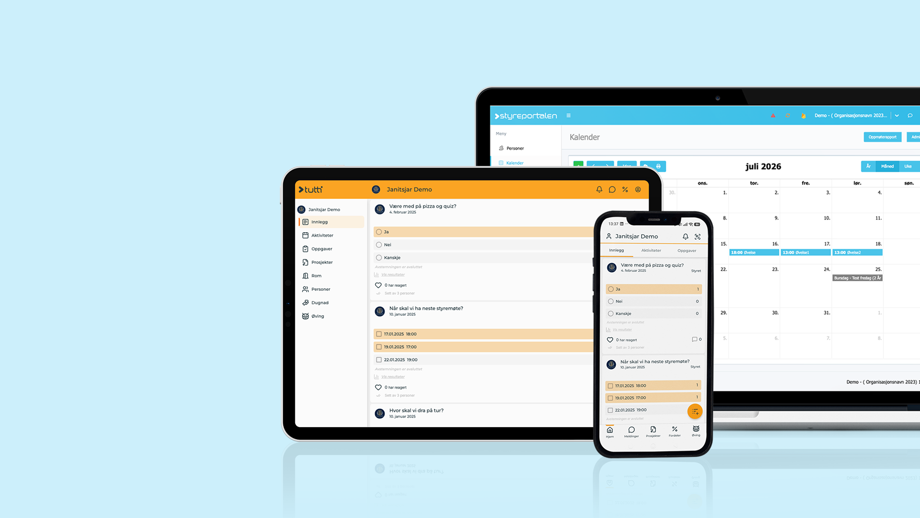 Bildegrafikk av PC, nettbrett og mobiltelefon som viser medlemssystemet tutti, lyseblå bakgrunn